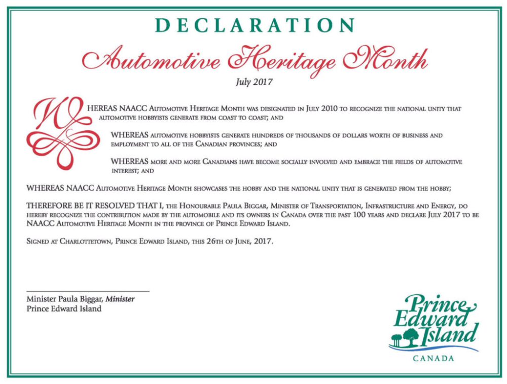 PEI Declaration of Automotive Heritage Month 2017 The National