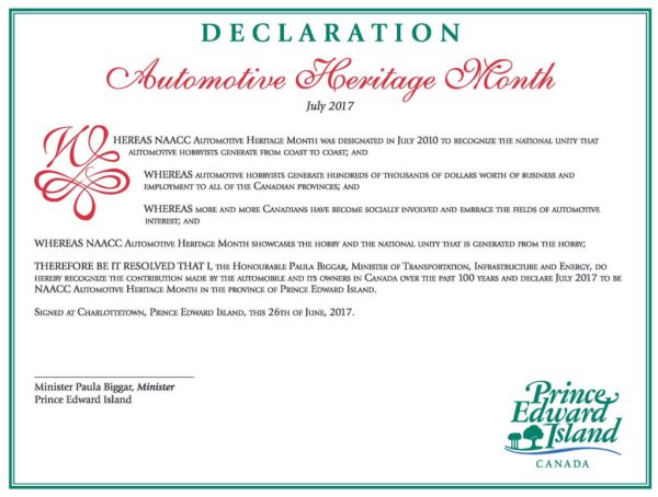 Prince Edward Island Automotive Heritage Month Declaration 2017