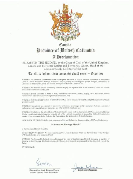 BC Automotive Heritage Month Proclamation 2017