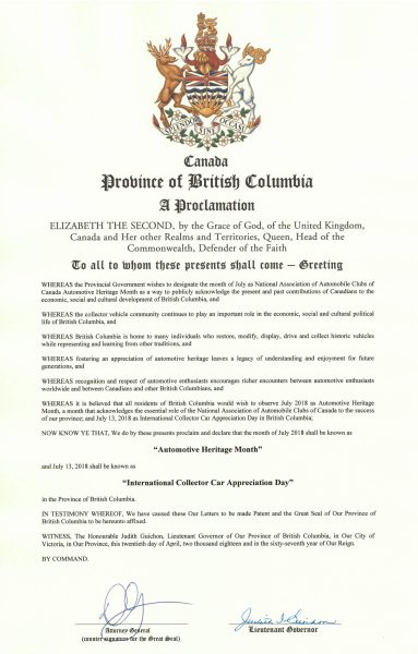 BC Automotive Heritage Month Proclamation 2018