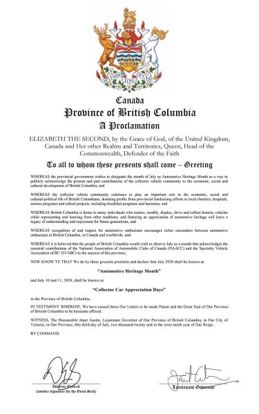 BC Automotive Heritage Month Proclamation 2020