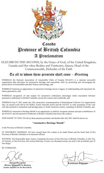 BC Automotive Heritage Month Proclamation 2021