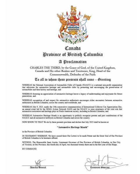 BC Automotive Heritage Month Proclamation 2023