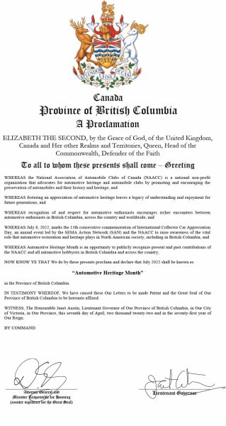 British Columbian Automotive Heritage Month Proclamation 2022