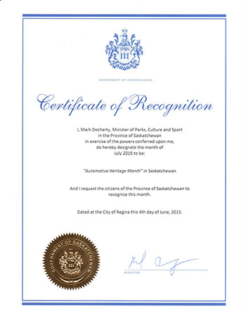 Saskatchewan Certificate of Recognition - Automotive Heritage Month 2015