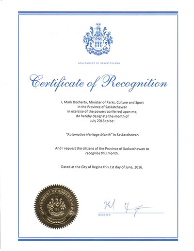 Saskatchewan Certificate of Recognition - Automotive Heritage Month 2016