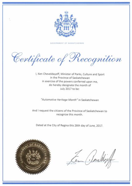 Saskatchewan Certificate of Recognition - Automotive Heritage Month 2017