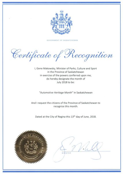 Saskatchewan Certificate of Recognition - Automotive Heritage Month 2018