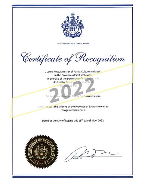 Saskatchewan Certificate of Recognition - Automotive Heritage Month 2022