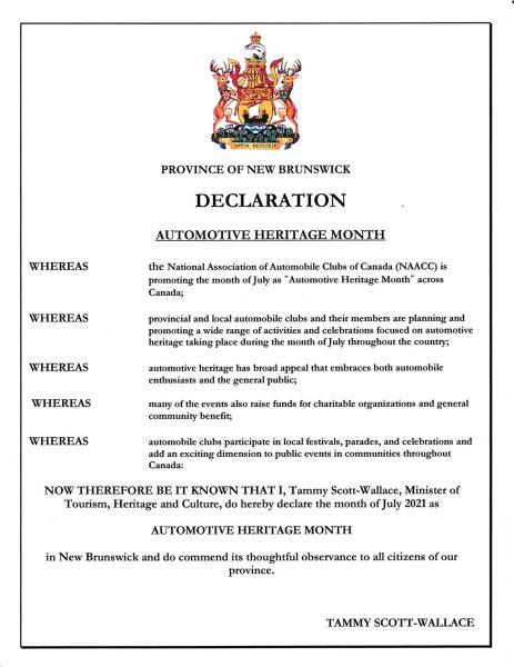 New Brunswick Automotive Heritage Month Declaration 2021