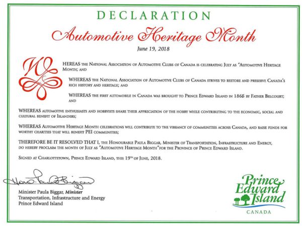 Prince Edward Island Automotive Heritage Month Declaration 2018