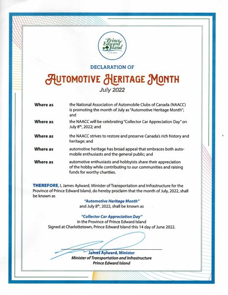 Prince Edward Island Automotive Heritage Month Declaration 2022