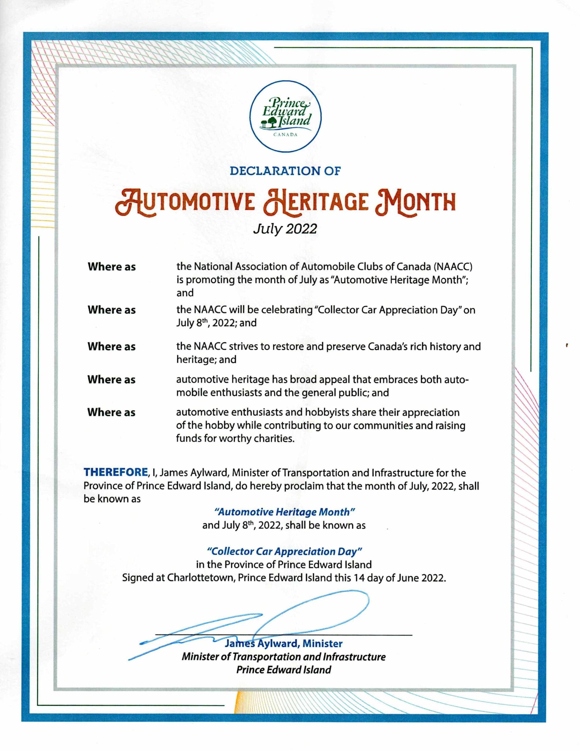 PEI Declaration of Automotive Heritage Month 2022 The National