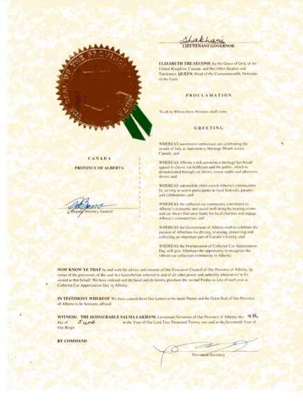 Alberta Automotive Heritage Month Proclamation 2021