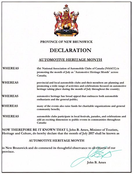 New Brunswick Automotive Heritage Month Declaration 2017