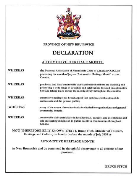 New Brunswick Automotive Heritage Month Declaration 2020