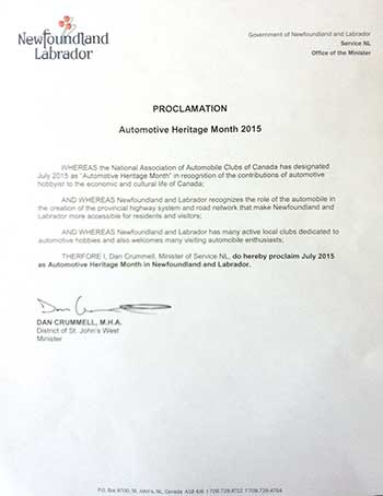 Newfoundland Labrador Automotive Heritage Month Declaration 2015