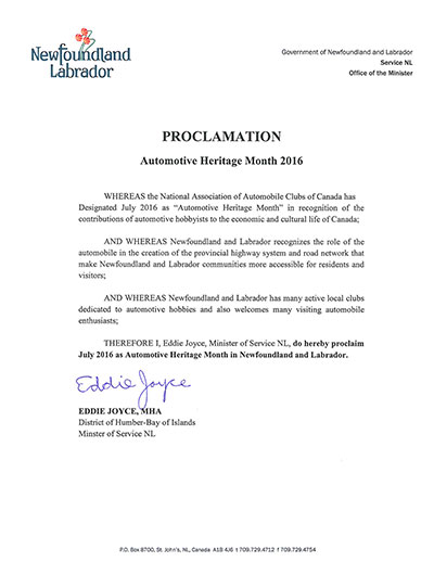 Newfoundland Labrador Automotive Heritage Month Declaration 2016