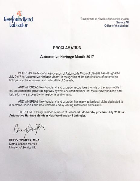 Newfoundland Labrador Automotive Heritage Month Declaration 2017