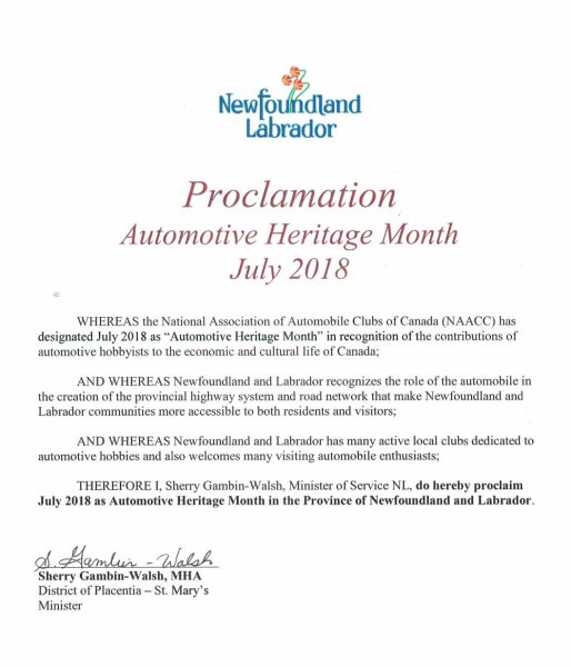 Newfoundland Labrador Automotive Heritage Month Declaration 2018