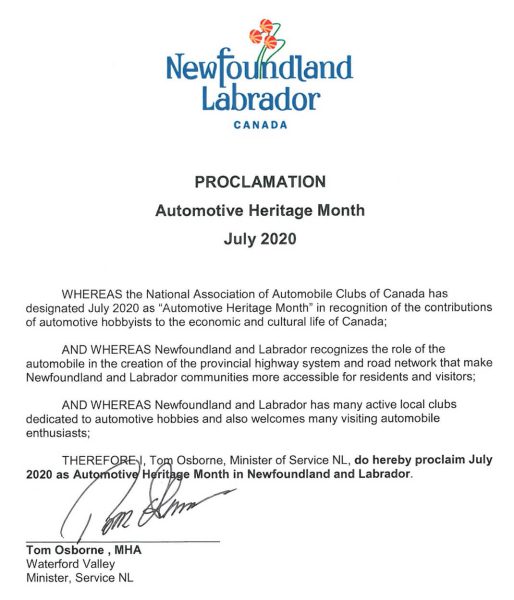 Newfoundland Labrador Automotive Heritage Month Declaration 2020