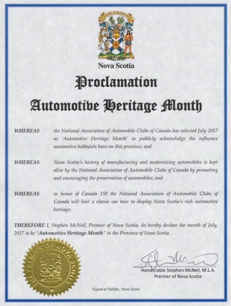 Nova Scotia Automotive Heritage Month Proclamation 2017