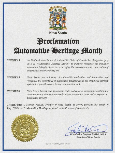 Nova Scotia Automotive Heritage Month Proclamation 2018