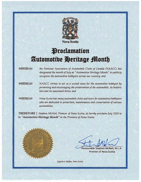 Nova Scotia Automotive Heritage Month Proclamation 2020