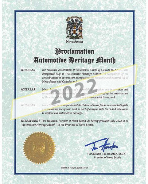 Nova Scotia Automotive Heritage Month Proclamation 2022