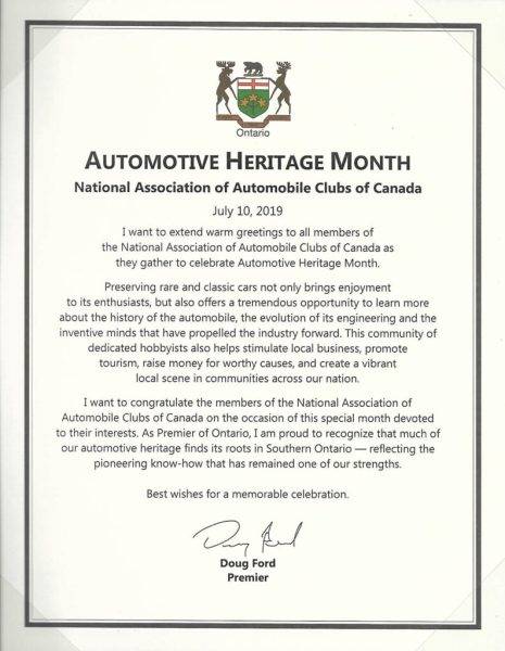 Ontario Automotive Heritage Month Proclamation 2019