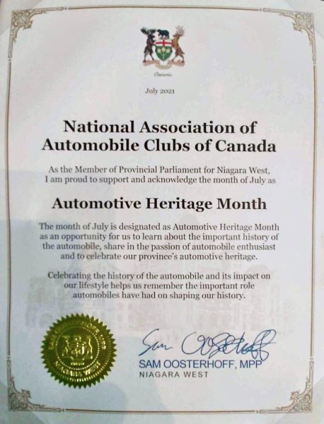 Ontario - Niagara West Automotive Heritage Month Proclamation 2021