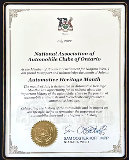 Ontario - Niagara West Automotive Heritage Month Proclamation 2022