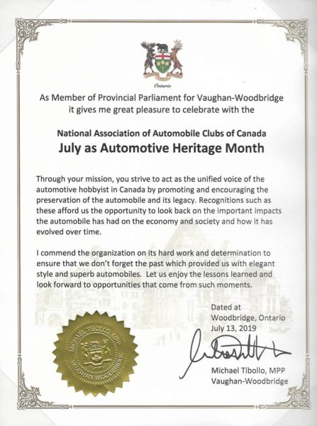 Vaughan-Woodbridge, Ontario Automotive Heritage Month Proclamation 2019