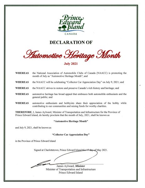 Prince Edward Island Automotive Heritage Month Declaration 2021