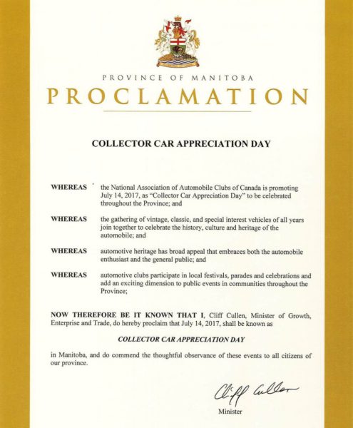 Manitoba Collector Car Appreciation Day Proclamation 2017