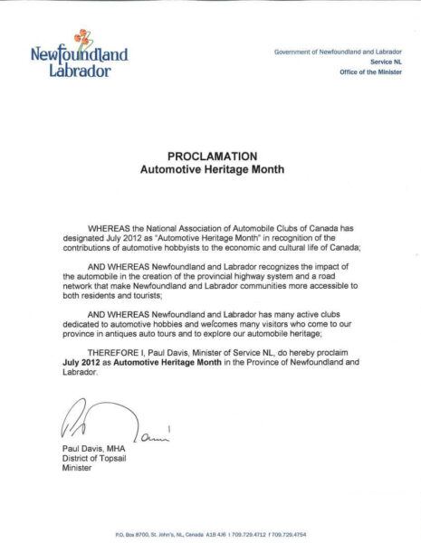 Newfoundland Labrador Automotive Heritage Month Declaration 2012