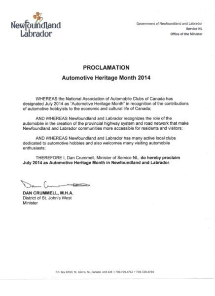Newfoundland Labrador Automotive Heritage Month Declaration 2014