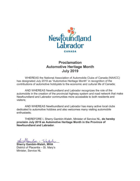 Newfoundland Labrador Automotive Heritage Month Declaration 2019