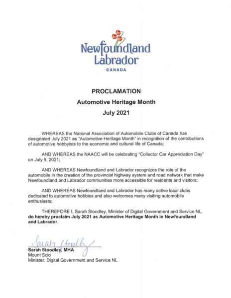 Newfoundland Labrador Automotive Heritage Month Declaration 2021