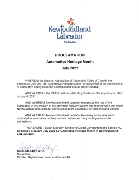 Newfoundland Labrador Automotive Heritage Month Declaration 2021