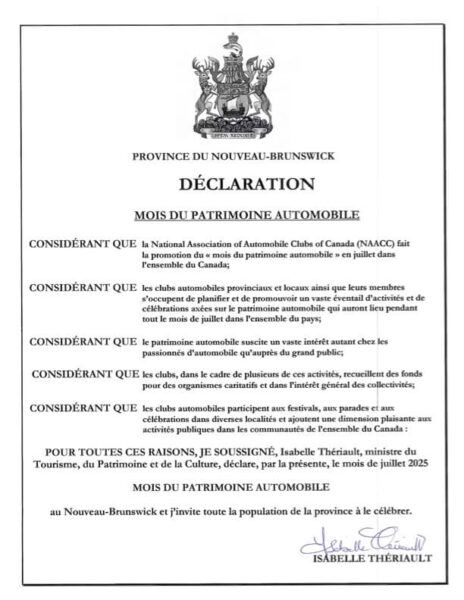 Nouveau-Brunswick - Déclaration mois du patrimoine automobile 2025