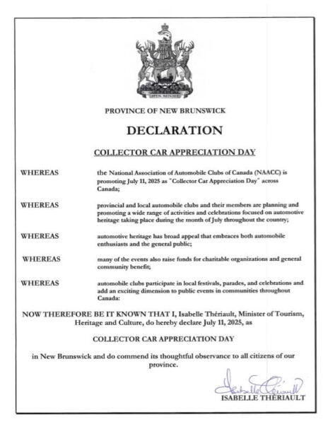 Collector Car Appreciation Day 2025 Declaration New Brunswick