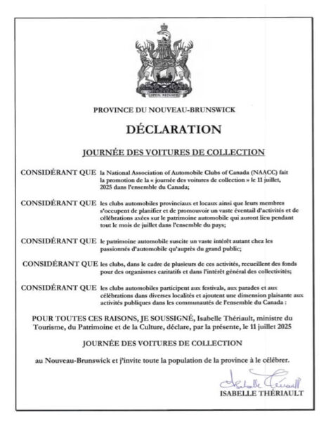Nouveau-Brunswick - Déclaration journée des voitures de collection 2025