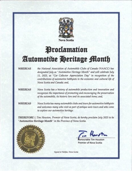 Proclamation 2025 Automotive Heritage Month Nova Scotia