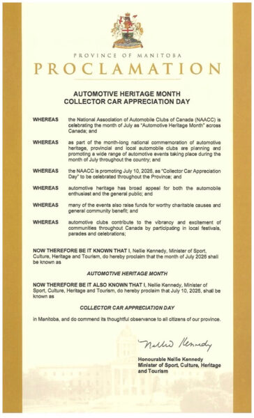 Proclamation - Automotive Heritage Month Collector Car Appreciation Day 2026 Manitoba