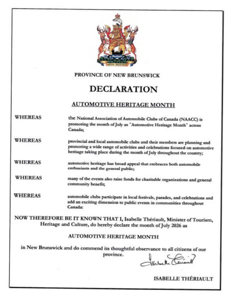 New Brunswick - Automotive Heritage Month Declaration 2026