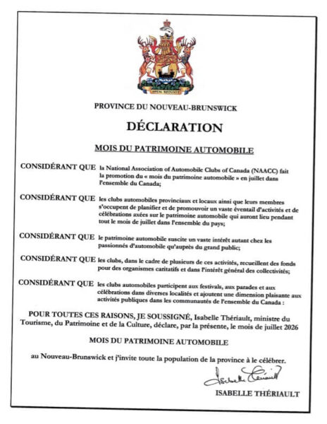Nouveau-Brunswick - Déclaration mois du patrimoine automobile 2026