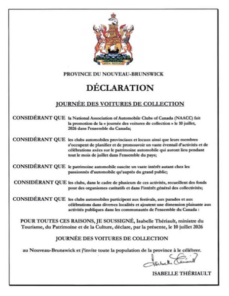 Nouveau-Brunswick – Déclaration journée des voitures de collection 2026 Nouveau-Brunswick - Déclaration journée des voitures de collection 2026