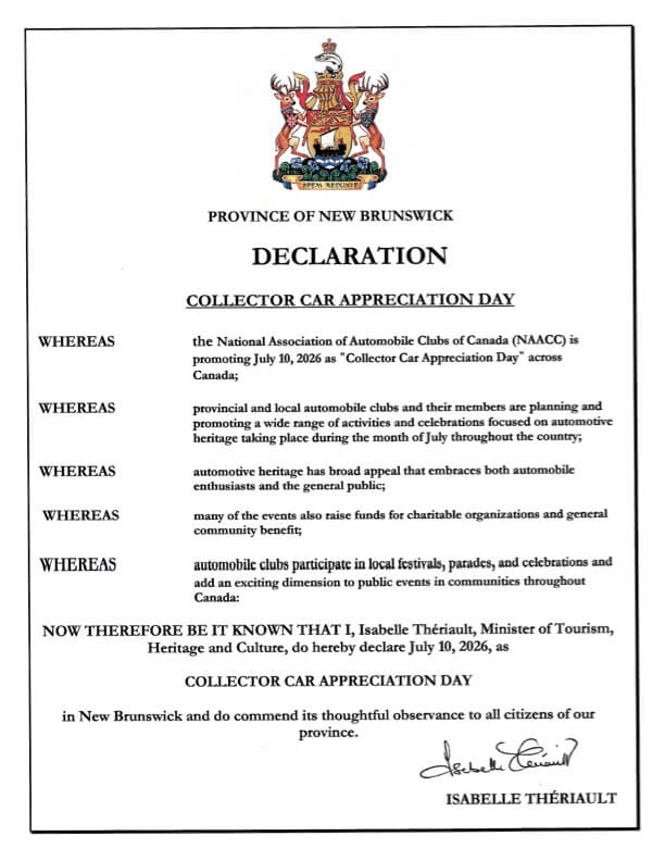 Collector Car Appreciation Day 2026 Declaration New Brunswick